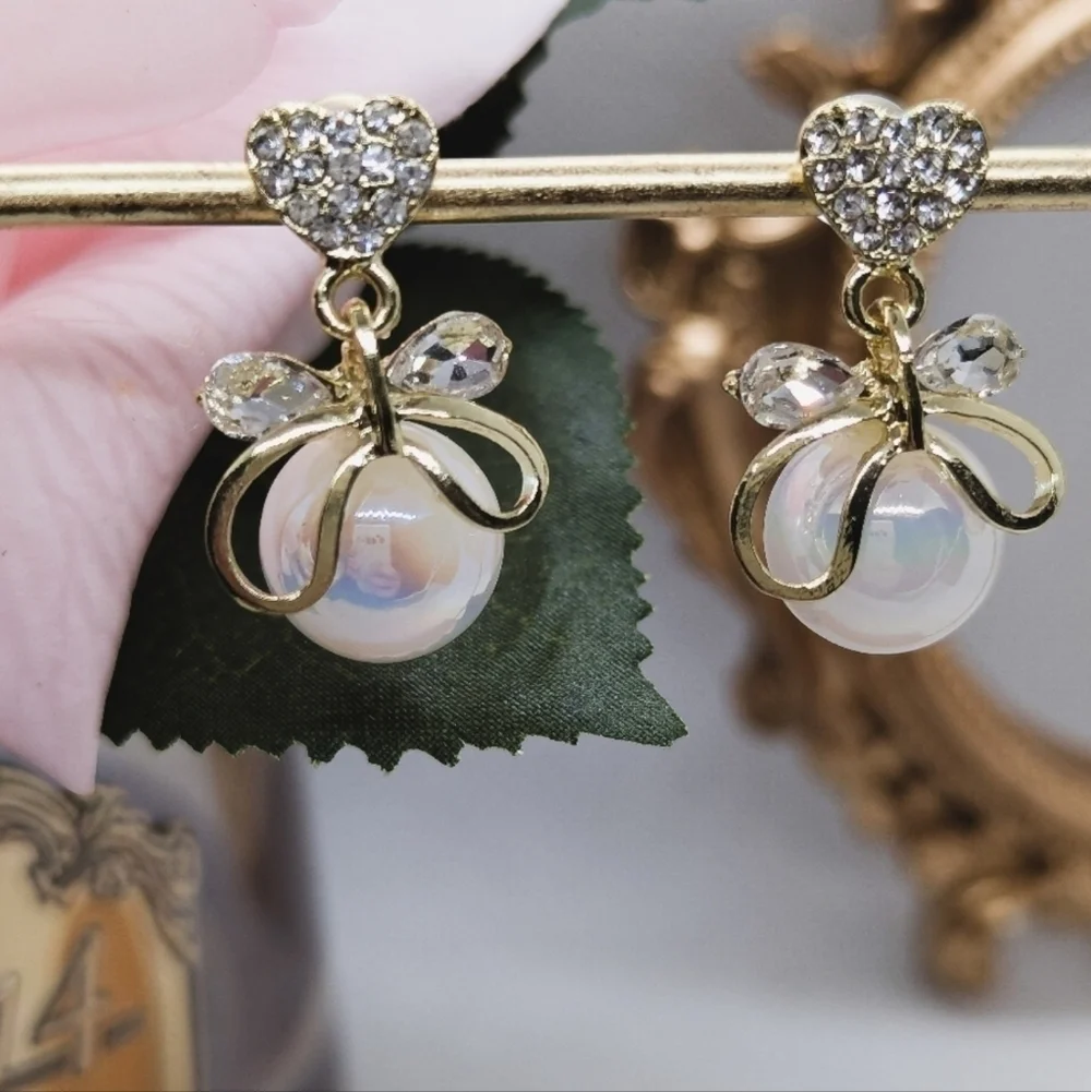 Elegant Crystal Pave Heart Stud & Iridescent Pearl Drop Earrings Bridal